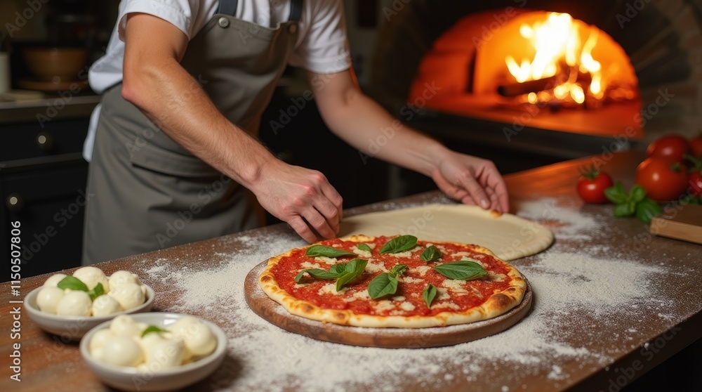 Italian Chef Preparing Pizza in Traditional Kitchen Italian Chef Preparing Pizza in Traditional Kitchen