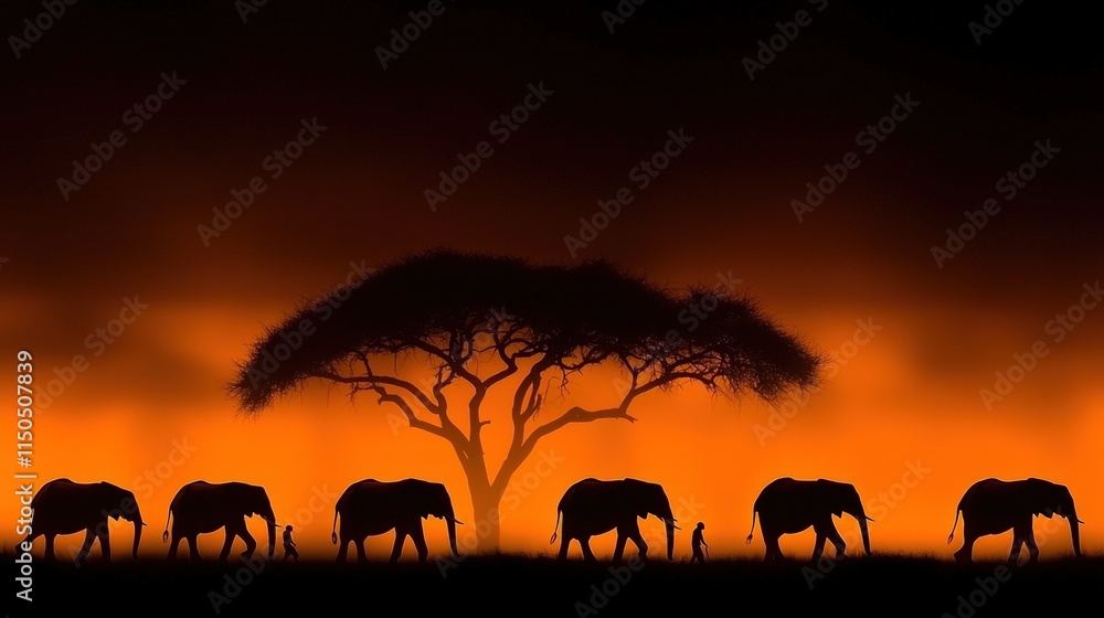 Silhouetted elephants walking at sunset, under an acacia tree. Silhouetted elephants walking at sunset, under an acacia tree.