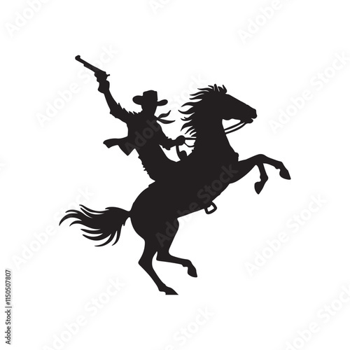cowboy on horse on hind legs black silhouette isolated on white background