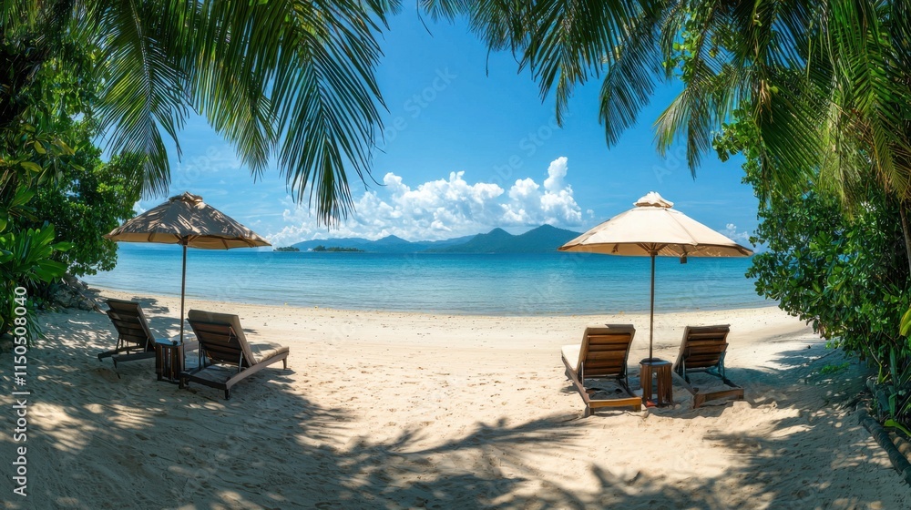 Obraz premium Beautiful panoramic sea sand sky. Tropical relax beach sunny summer island landscape. Love couple chairs umbrella palm leaves romantic coast. Luxury travel destination. Honeymoon vacation best holiday