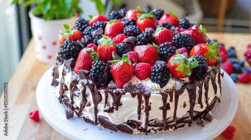 Delicious Chocolate Cake Topped with Fresh Berries photo