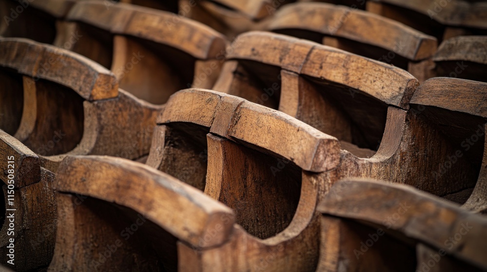 Close-up of numerous aged wooden scoops arranged in rows. Close-up of numerous aged wooden scoops arranged in rows.
