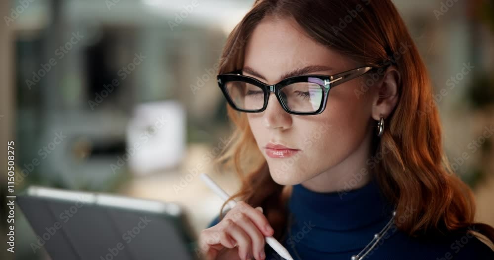 Business woman, tablet and thinking with reading in financial agency for news, network and connection. Female person, technology and accountant for idea, email and internet for investment opportunity Business woman, tablet and thinking with reading in financial agency for news, network and connection. Female person, technology and accountant for idea, email and internet for investment opportunity
