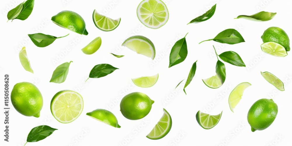 Vibrant Lime Slices and Fresh Leaves Elegantly Floating Against a Bright White Background Vibrant Lime Slices and Fresh Leaves Elegantly Floating Against a Bright White Background