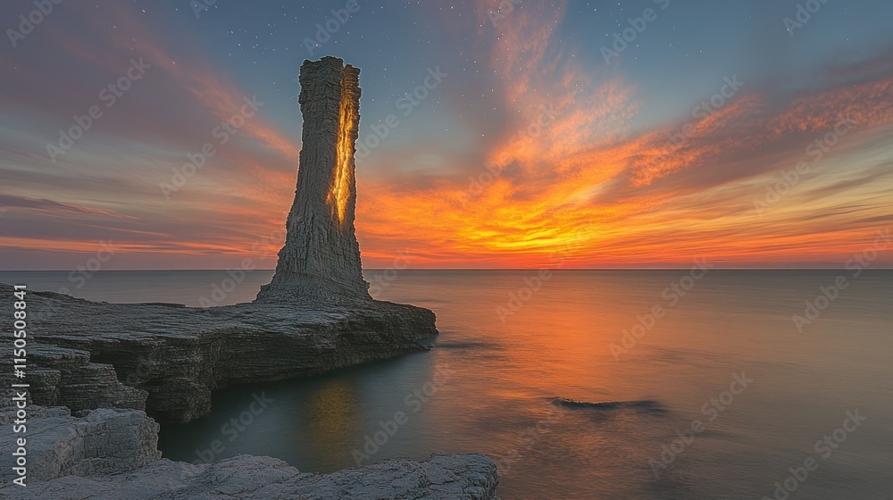 A stunning sunset over the ocean with a tall rock formation illuminated by the fading light. A stunning sunset over the ocean with a tall rock formation illuminated by the fading light.
