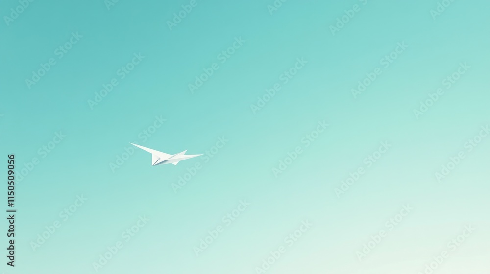 White paper airplane soaring in a clear, light teal sky. White paper airplane soaring in a clear, light teal sky.