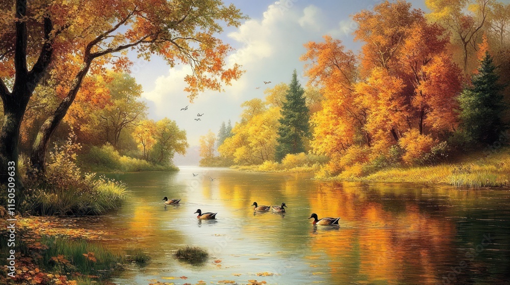 Obraz premium Serene autumn landscape painting of ducks swimming on a calm river reflecting colorful trees.
