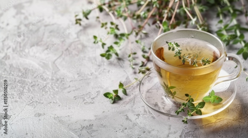 Herbal Tea With Fresh Thyme Rests on a Light Grey Table Ready to Be Enjoyed Herbal Tea With Fresh Thyme Rests on a Light Grey Table Ready to Be Enjoyed