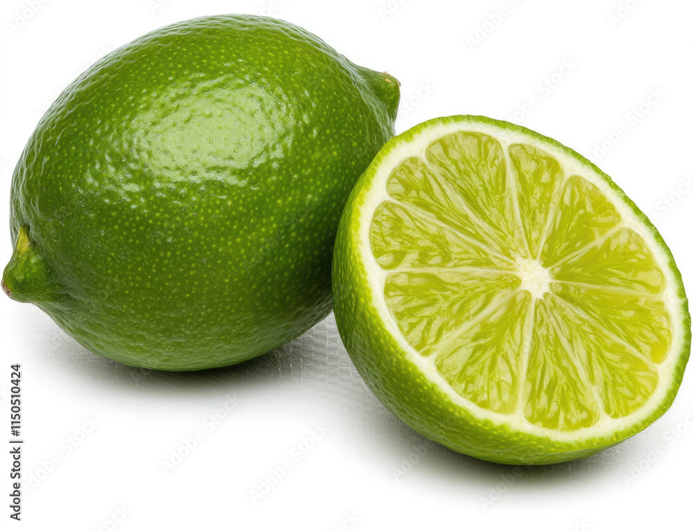 Fresh lime with a cut wedge on a white background Fresh lime with a cut wedge on a white background