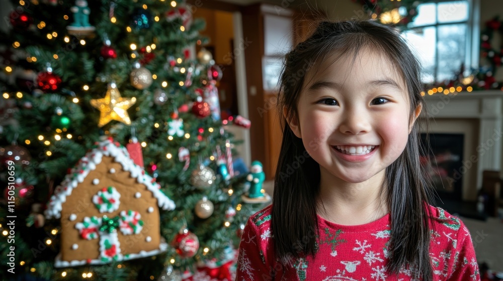 Happy Asian girl smiling in front of a decorated Christmas tree. Happy Asian girl smiling in front of a decorated Christmas tree.