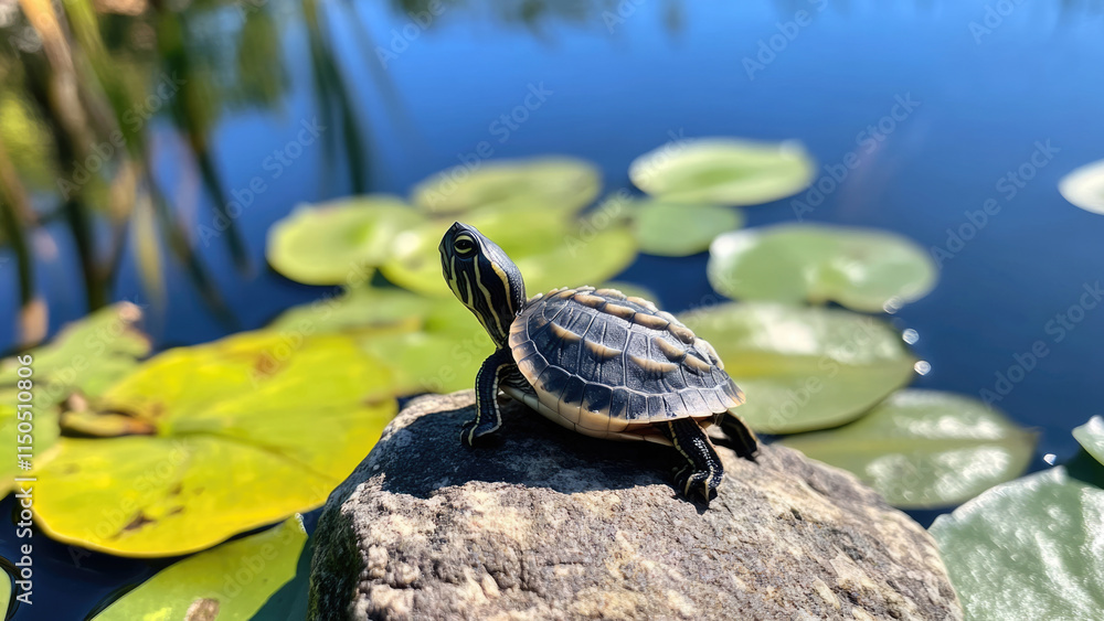 Obraz premium Small turtle basking on a rock by a pond with lily pads