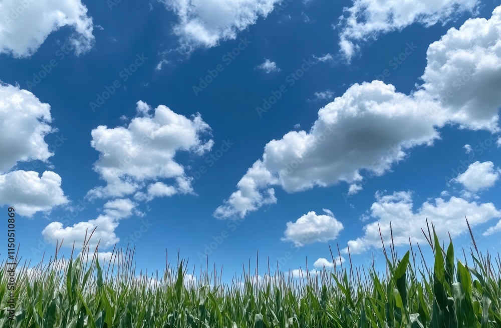 Lush green cornfield under a vibrant blue sky with fluffy clouds Lush green cornfield under a vibrant blue sky with fluffy clouds