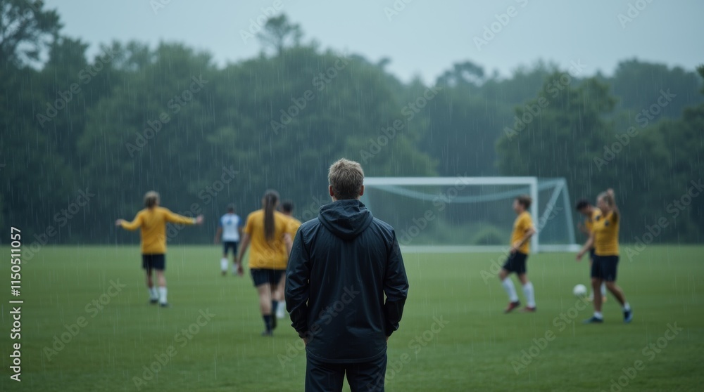 Obraz premium Dedicated Soccer Coach in the Rain