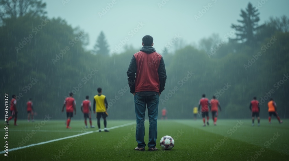 Obraz premium Soccer Coach in the Rain: Observing Early Morning Training