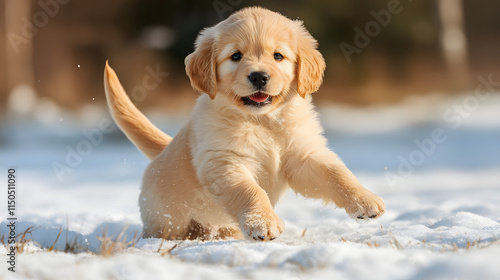 A playful golden retriever puppy bounding in the snow before sitting to face the lens with a wagging tail. photo