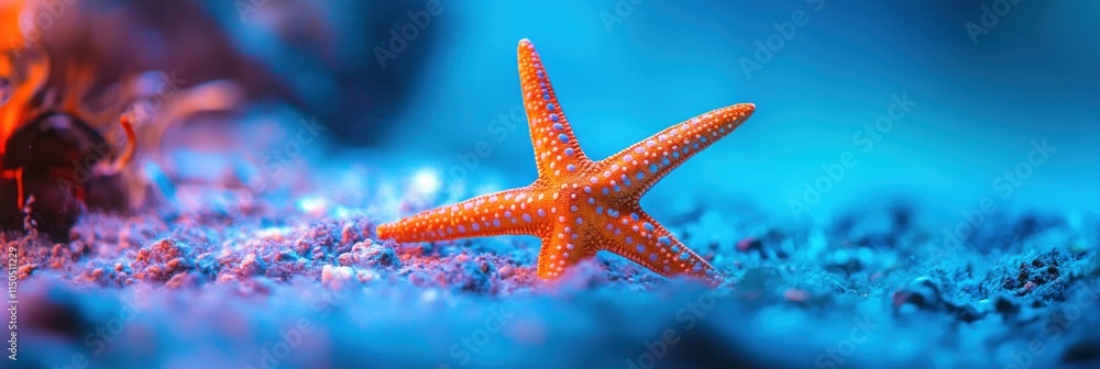Orange starfish on blue ocean floor. Orange starfish on blue ocean floor.