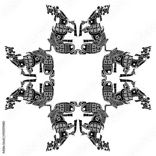 Geometrical ethnic frame with seated Mayan men. Indigenous Native American design. Black and white silhouette.