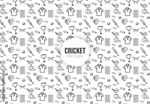  Black Stroke Style Cricket equipment's On White Background.