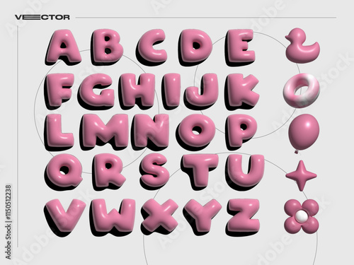 3D pink chubby alphabet vector set. Realistic ballon, Swimming ring, donut, star, flower elements