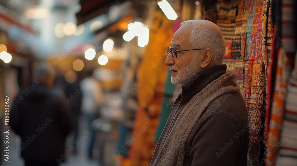 Elderly Man in Market: A Peaceful Moment Among Colorful Fabrics Elderly Man in Market: A Peaceful Moment Among Colorful Fabrics