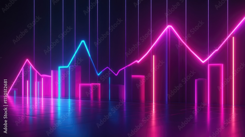 Financial growth line chart in neon lights, tech-inspired design, 3D illustration Financial growth line chart in neon lights, tech-inspired design, 3D illustration