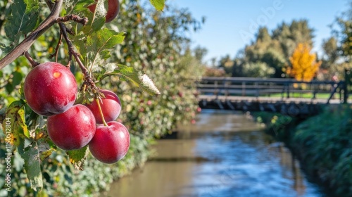Ripe red plums on branch near tranquil stream and bridge.
