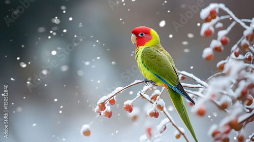 A radiant parakeet perched on a snowy twig its bright feathers glowing in the cold light. photo