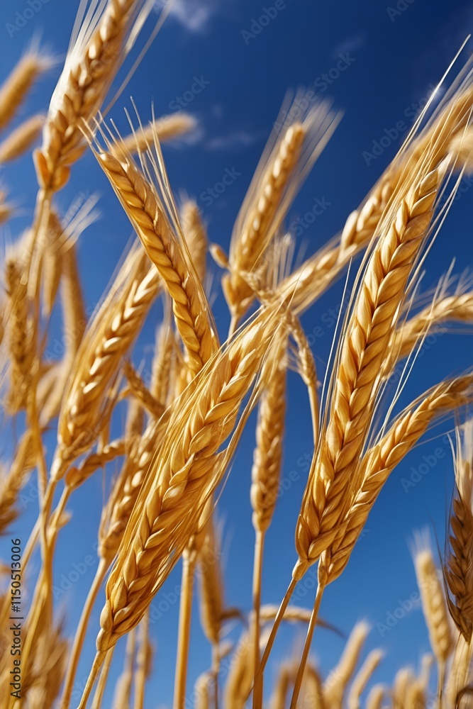 Golden Wheat Field: A close-up of golden wheat swaying in the wind under a blue sky.
Golden Wheat Field: A close-up of golden wheat swaying in the wind under a blue sky.