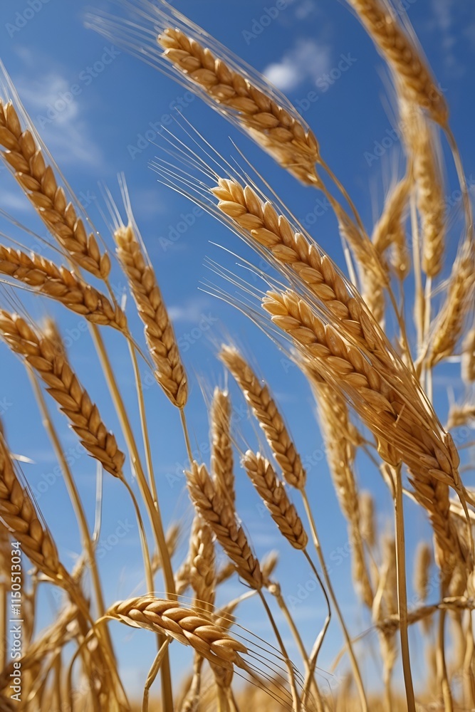 Golden Wheat Field: A close-up of golden wheat swaying in the wind under a blue sky.
Golden Wheat Field: A close-up of golden wheat swaying in the wind under a blue sky.