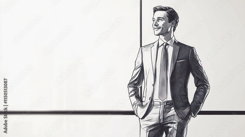 Smiling businessman in suit standing near blank whiteboard, looking away. Smiling businessman in suit standing near blank whiteboard, looking away.