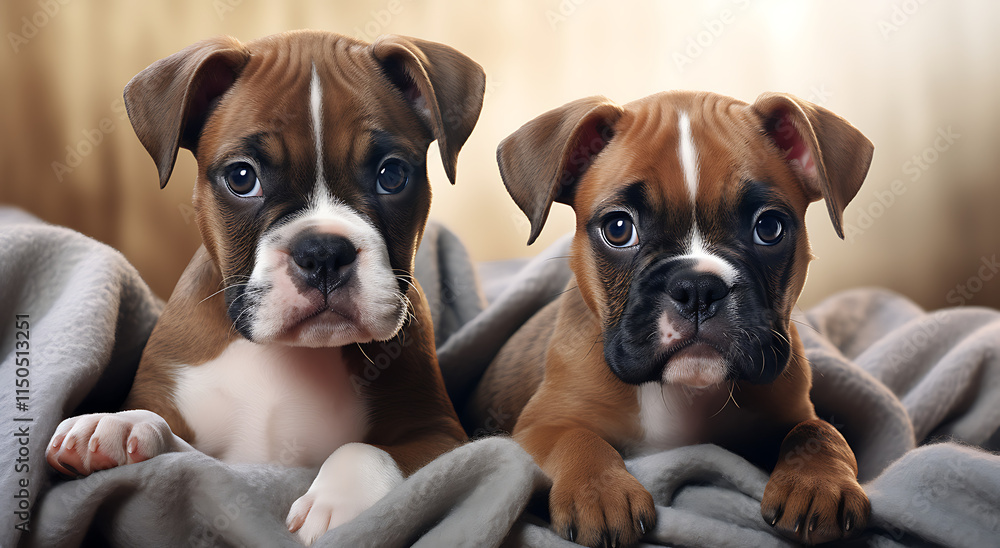 Two adorable boxer puppies lying on a blanket, showing their playful and endearing nature. Two adorable boxer puppies lying on a blanket, showing their playful and endearing nature.
