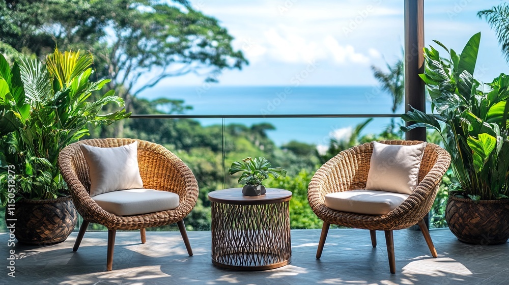 A cozy seating area with two wicker chairs and a small table on a balcony overlooking the ocean. A cozy seating area with two wicker chairs and a small table on a balcony overlooking the ocean.