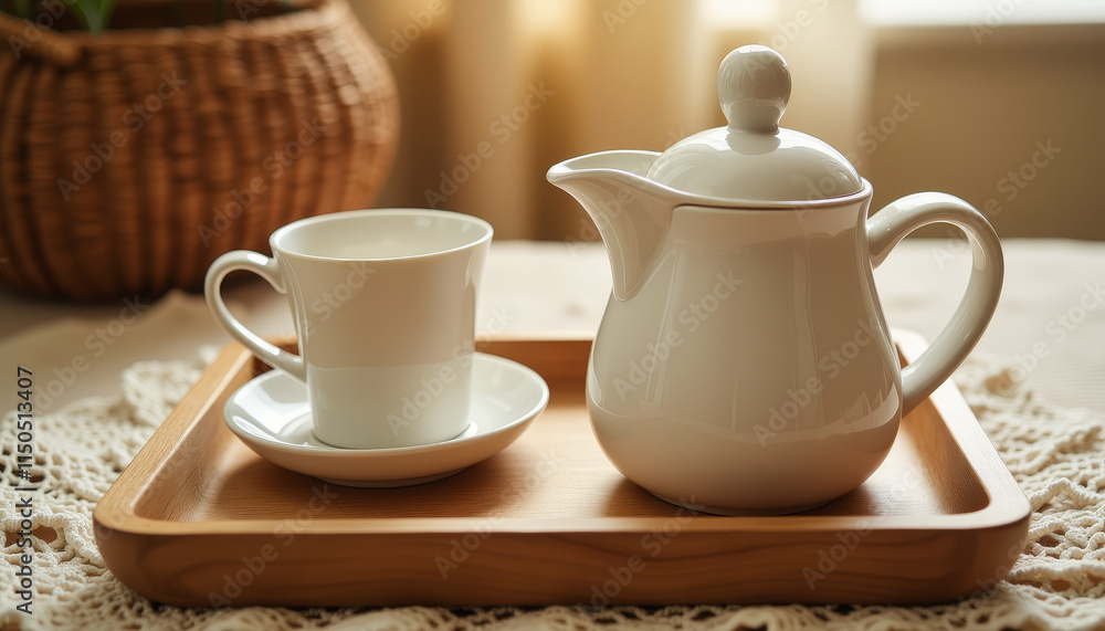 Elegant porcelain tea set on a wooden tray, evoking memories of timeless traditions in a cozy sunlit space Elegant porcelain tea set on a wooden tray, evoking memories of timeless traditions in a cozy sunlit space