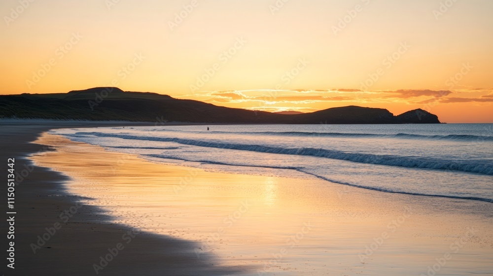 Golden Sunset Over Calm Beach Waves and Silhouetted Hills Golden Sunset Over Calm Beach Waves and Silhouetted Hills