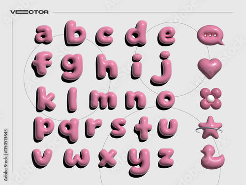 3D pink chubby alphabet vector set. Realistic speech bubble, heart shape, flower, star, duck element.