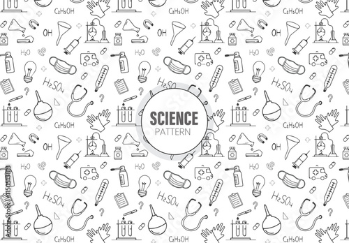  monochrome science seamless pattern with sketched doodles, cartoon elements for wallpaper, backgrounds, wrapping paper, packaging, prints, stationary, scrapbooking, etc. EPS 10