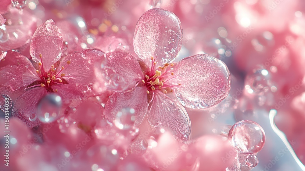 Close-up of delicate pink cherry blossoms covered in water droplets and surrounded by bubbles. Close-up of delicate pink cherry blossoms covered in water droplets and surrounded by bubbles.