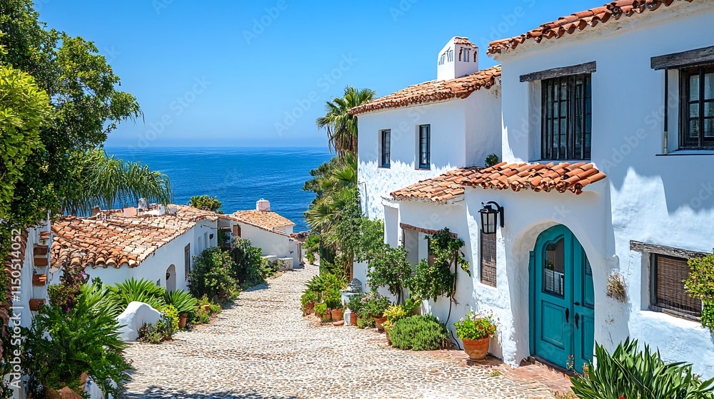 Fototapeta premium Spanish-style white stucco homes with terracotta roof tiles and teal door on cobblestone street along the ocean.