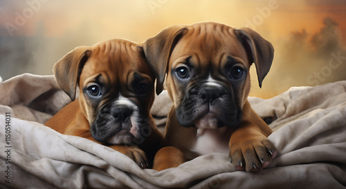 Two adorable boxer puppies lying on a blanket, showing their playful and endearing nature. photo