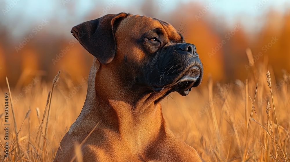 Fototapeta premium Majestic boxer in golden autumn field with striking morning light