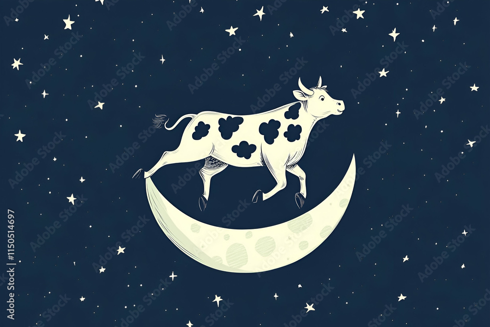Fototapeta premium A playful cow dances on a crescent moon, surrounded by sparkling stars in a night sky