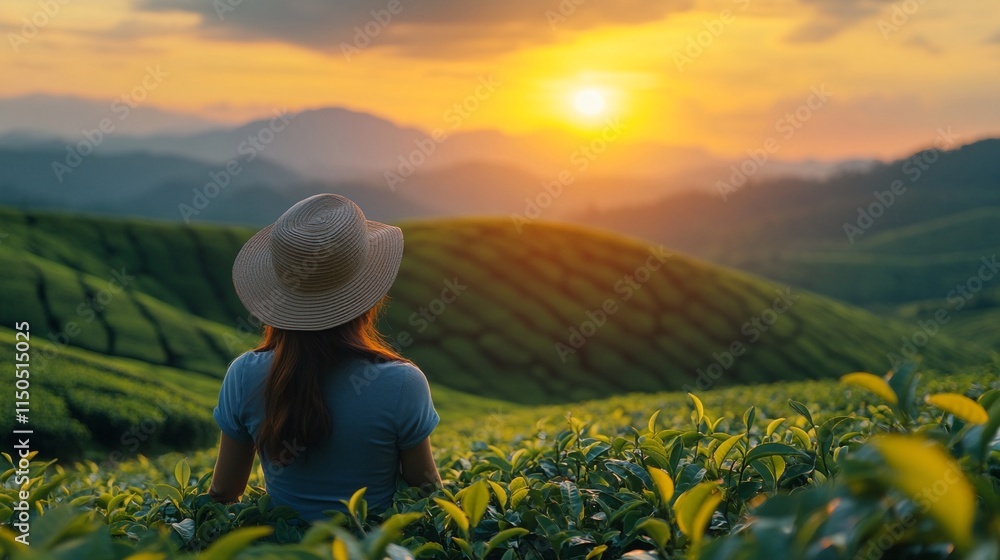 Fototapeta premium A woman in a blue shirt and straw hat sitting in a tea plantation at sunrise.