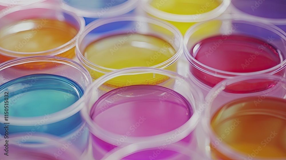 Close-up of colorful bacterial and fungal cultures in petri dishes on a sterile laboratory table for research purposes. Close-up of colorful bacterial and fungal cultures in petri dishes on a sterile laboratory table for research purposes.