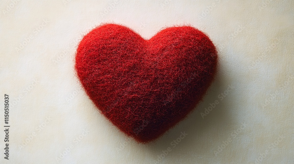 Fototapeta premium A red heart made of fuzzy material on a white and beige background.