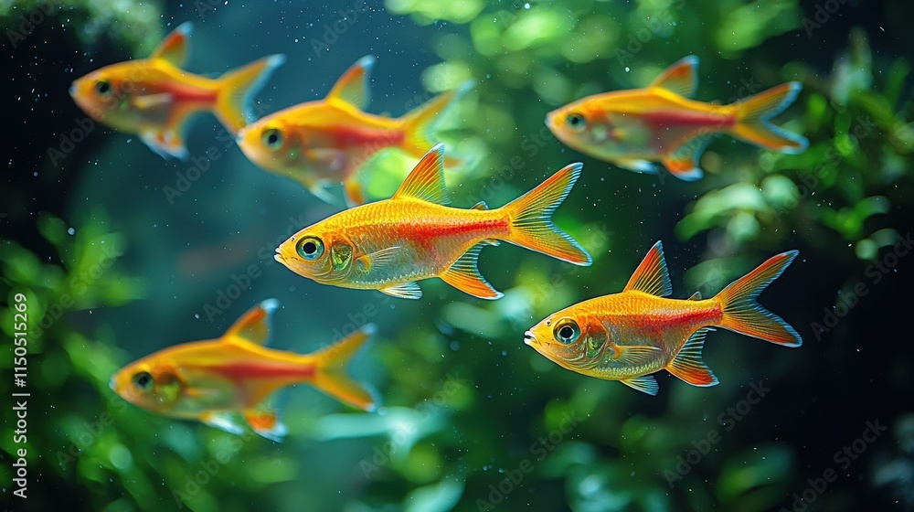 Naklejka premium Beautiful neon tetra fish swimming in vibrant freshwater aquarium