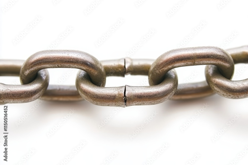 Fototapeta premium Broken Metal Chain Links Showing Wear and Tear on a White Background, Illustrating Loss of Strength and Function in a Crucial Component