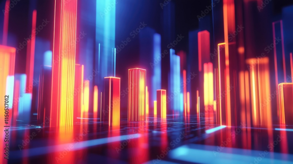 Stacked bar graph with glowing data points, high-tech background, 3D illustration Stacked bar graph with glowing data points, high-tech background, 3D illustration