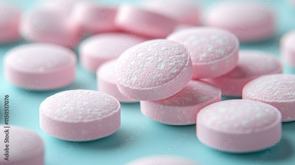 Close-up of many round pink pills on a light blue surface. Close-up of many round pink pills on a light blue surface.
