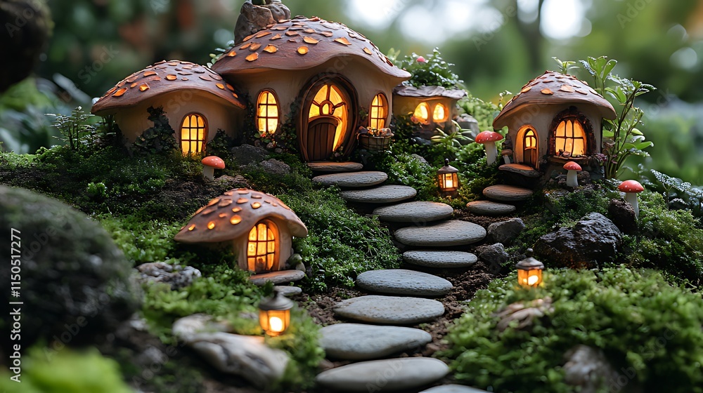 Fototapeta premium Enchanting mushroom houses illuminate a whimsical stone path nestled in lush moss.