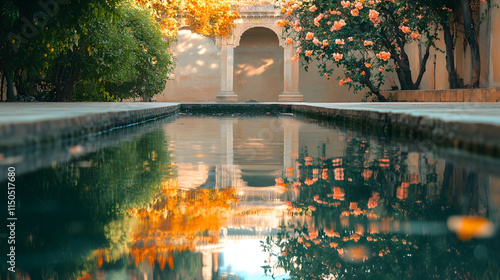 A serene depiction of the Hanging Gardens of Babylon reflected perfectly in a calm pool surrounded by fragrant blossoms.